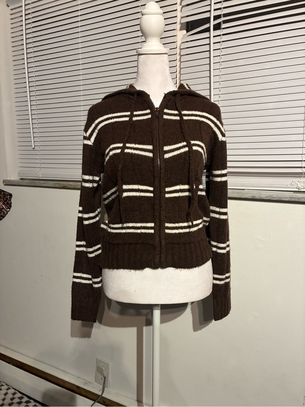 Striped Brown Hooded Zip-Up Sweater